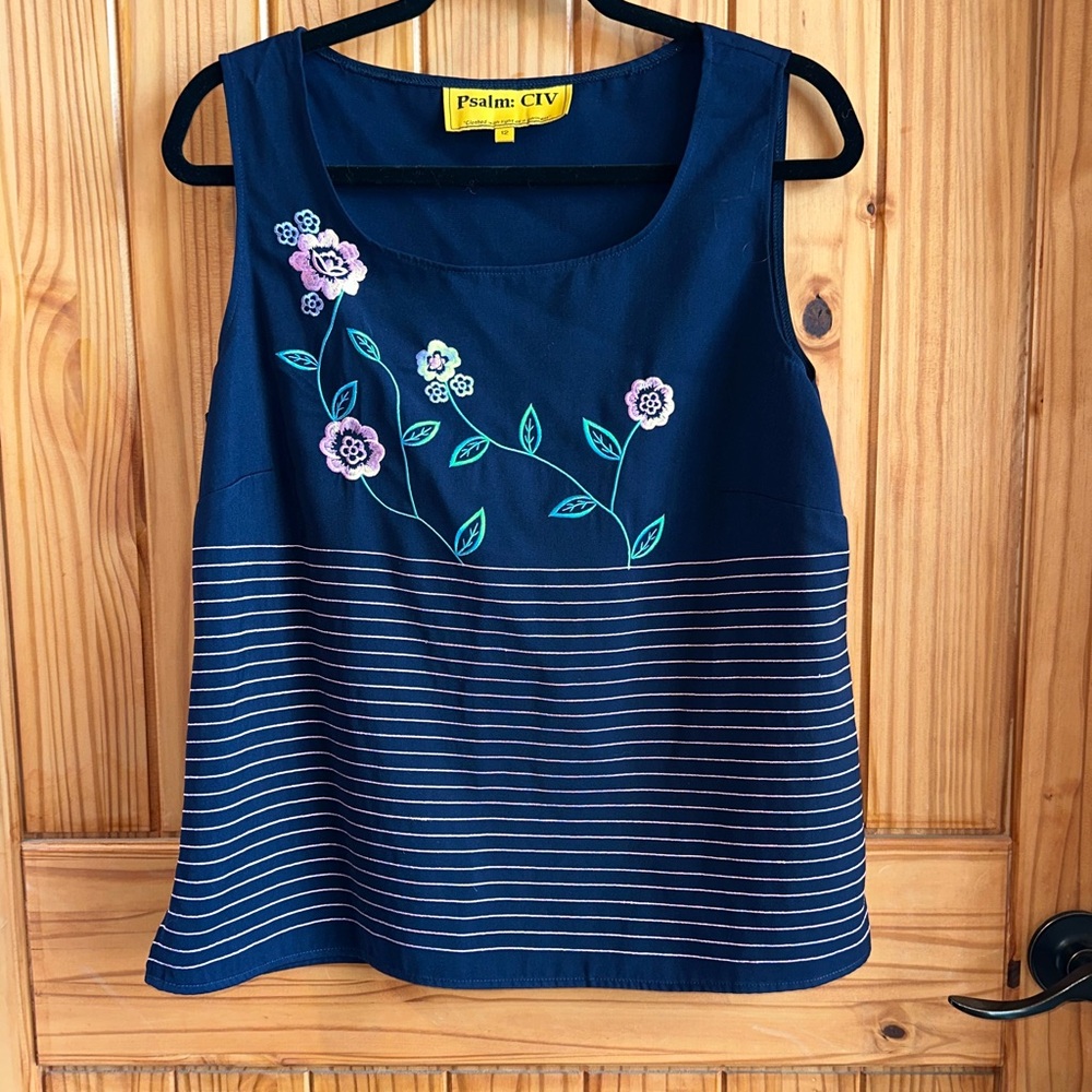 Navy Floral Embroidered Tank Top